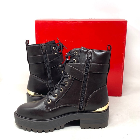 GUESS Flat Combat Booties Dark Brown Faux Leather Women's Size Heel GFFINLEES - Picture 4 of 8